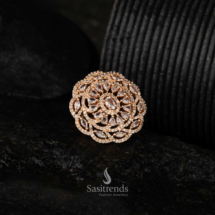 Elegant floral statement ring featuring sparkling diamond stones with rose gold plated finish - Sasitrends