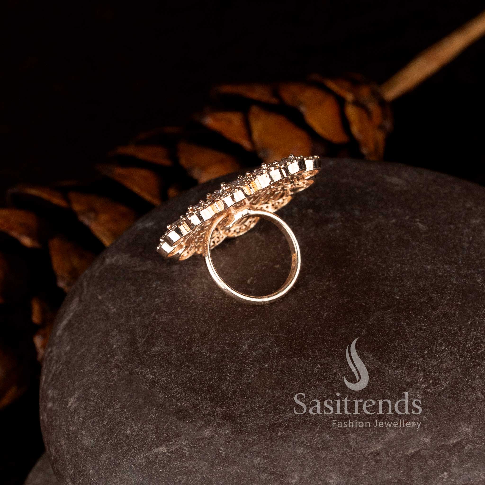 Rose gold plated floral designer ring with brilliant diamond stone detailing - Sasitrends