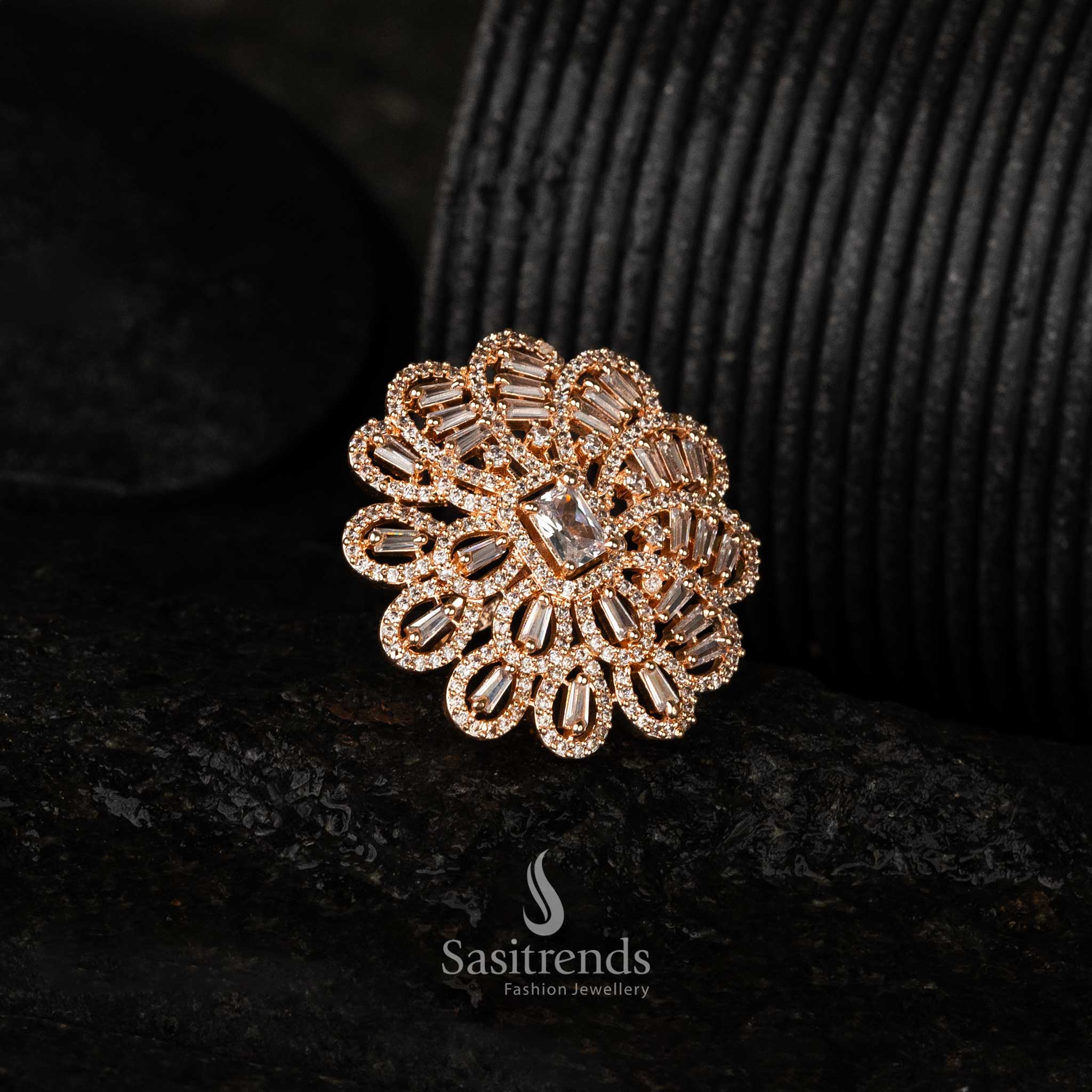 1749D – Rose gold plated floral diamond cocktail ring designed for party and special occasion wear - Sasitrends