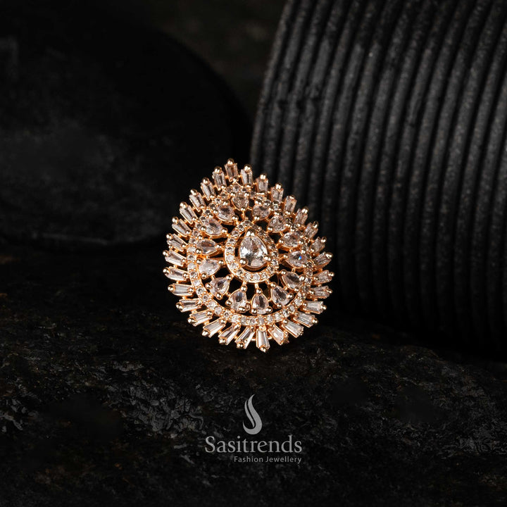 1749E – Close-up of baguette and round diamond stones arranged in a layered floral ring design - Sasitrends