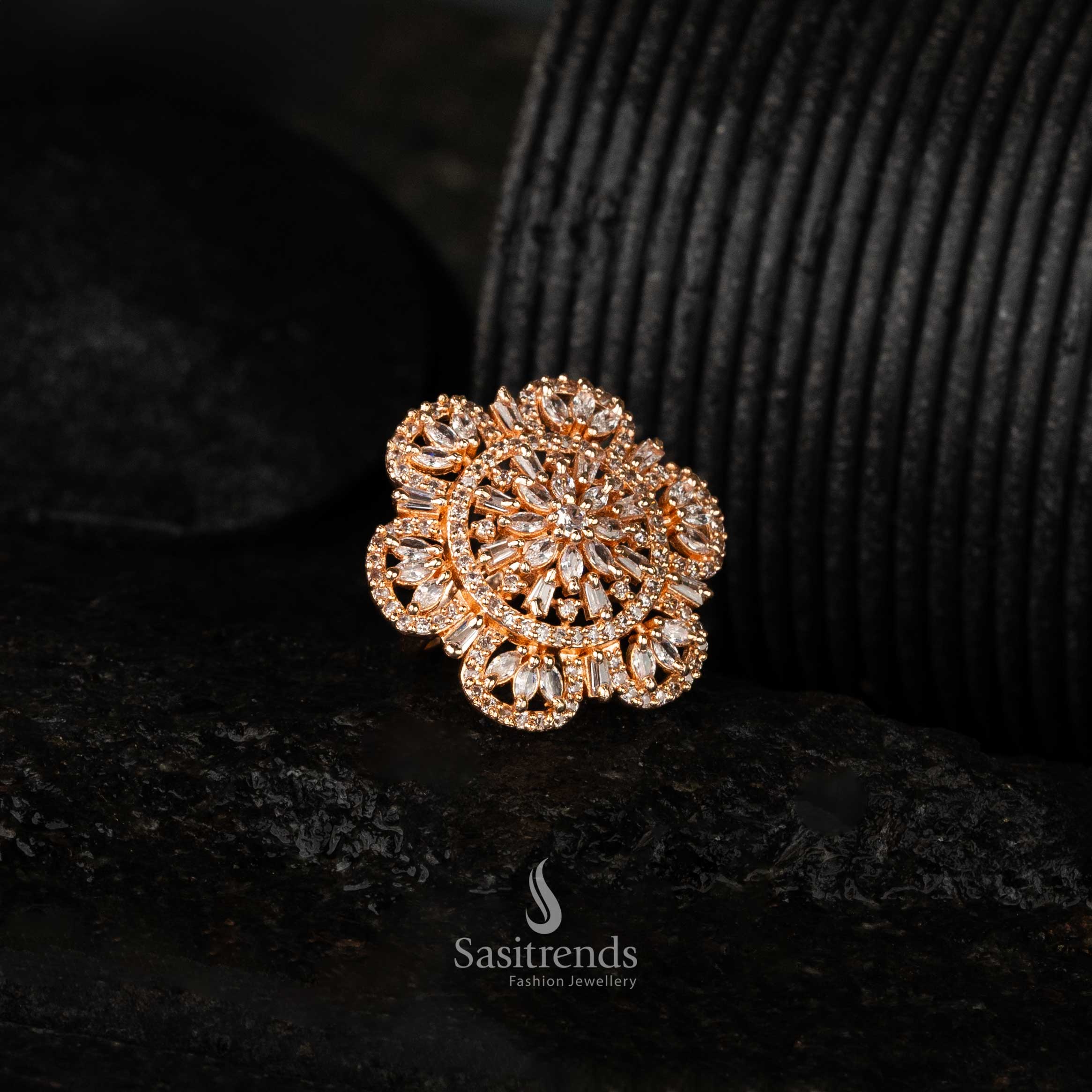Adjustable rose gold plated American Diamond floral statement ring for women - Sasitrends