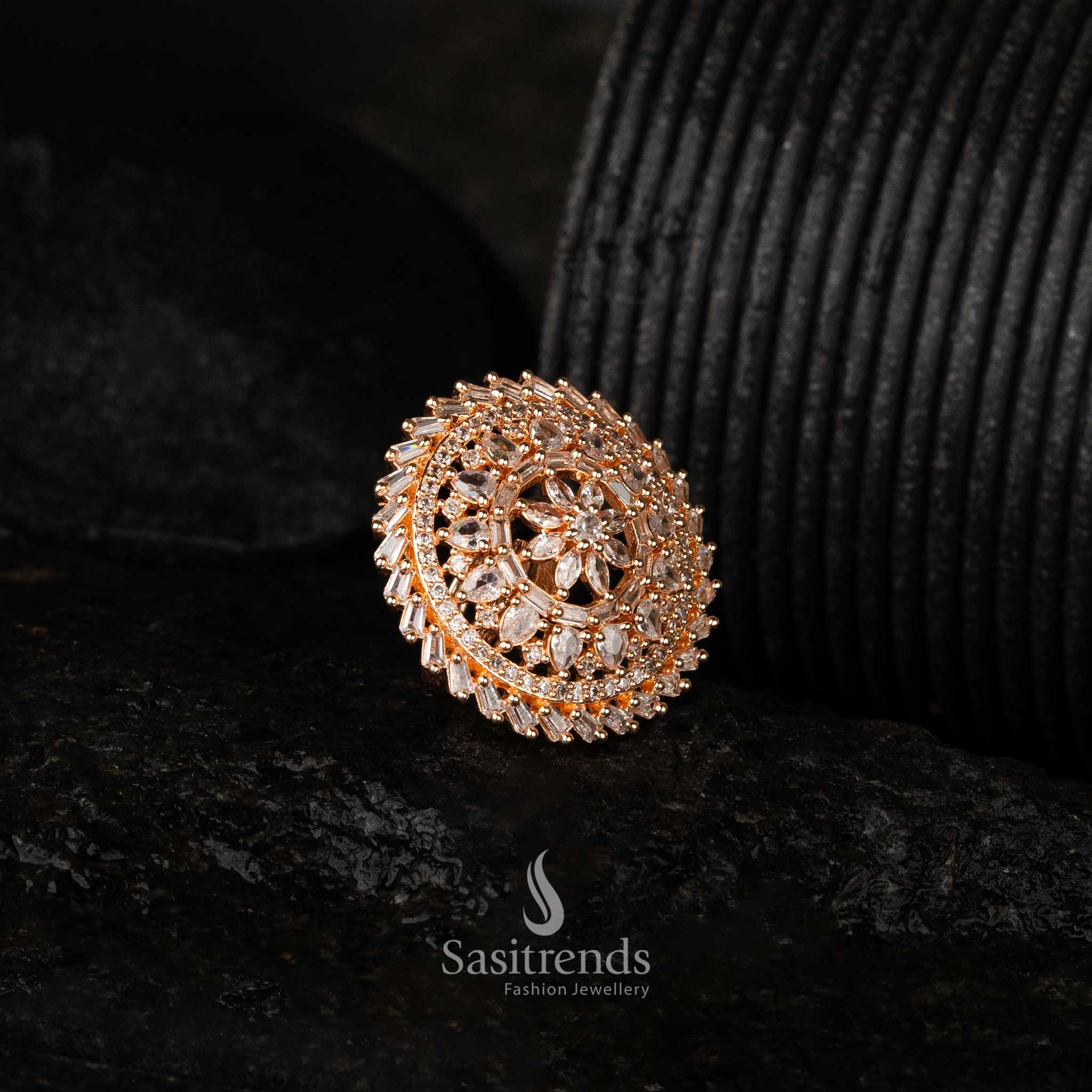 Designer floral diamond statement ring with elegant rose gold finish for wedding and festive wear - Sasitrends