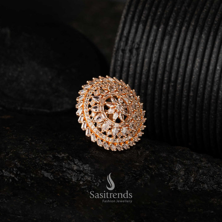 Designer floral diamond statement ring with elegant rose gold finish for wedding and festive wear - Sasitrends