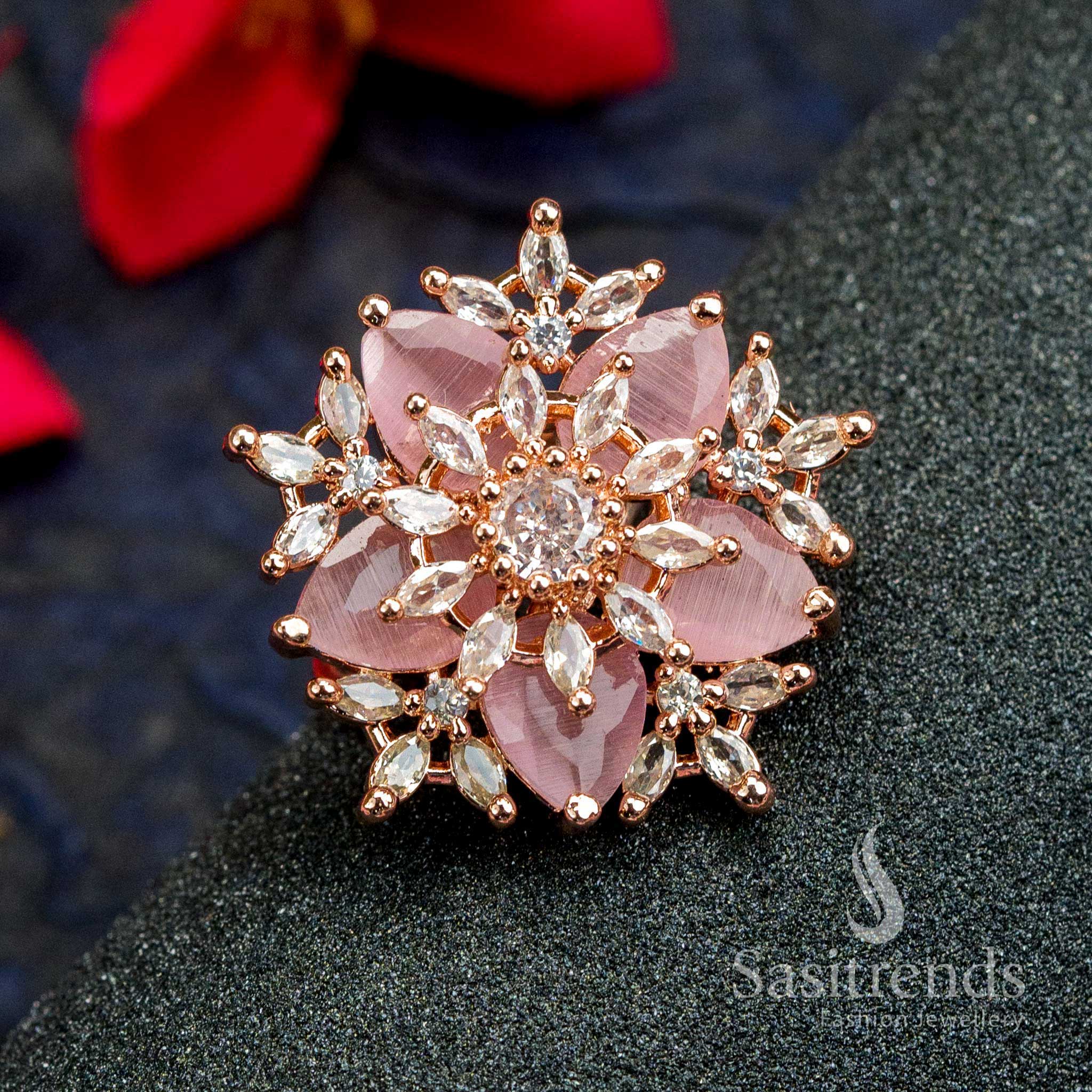 Rose Gold Plated Floral Ring with American Diamonds in Lovely Pink - Ideal for Trendy Party Wear 