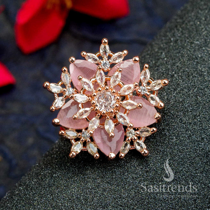 Rose Gold Plated Floral Ring with American Diamonds in Lovely Pink - Ideal for Trendy Party Wear 