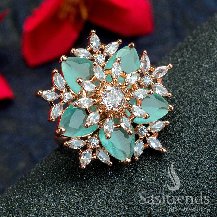 Stylish Rose Gold Plated Floral Ring with American Diamonds in Refreshing Mint - Trendy Party Wear for Women