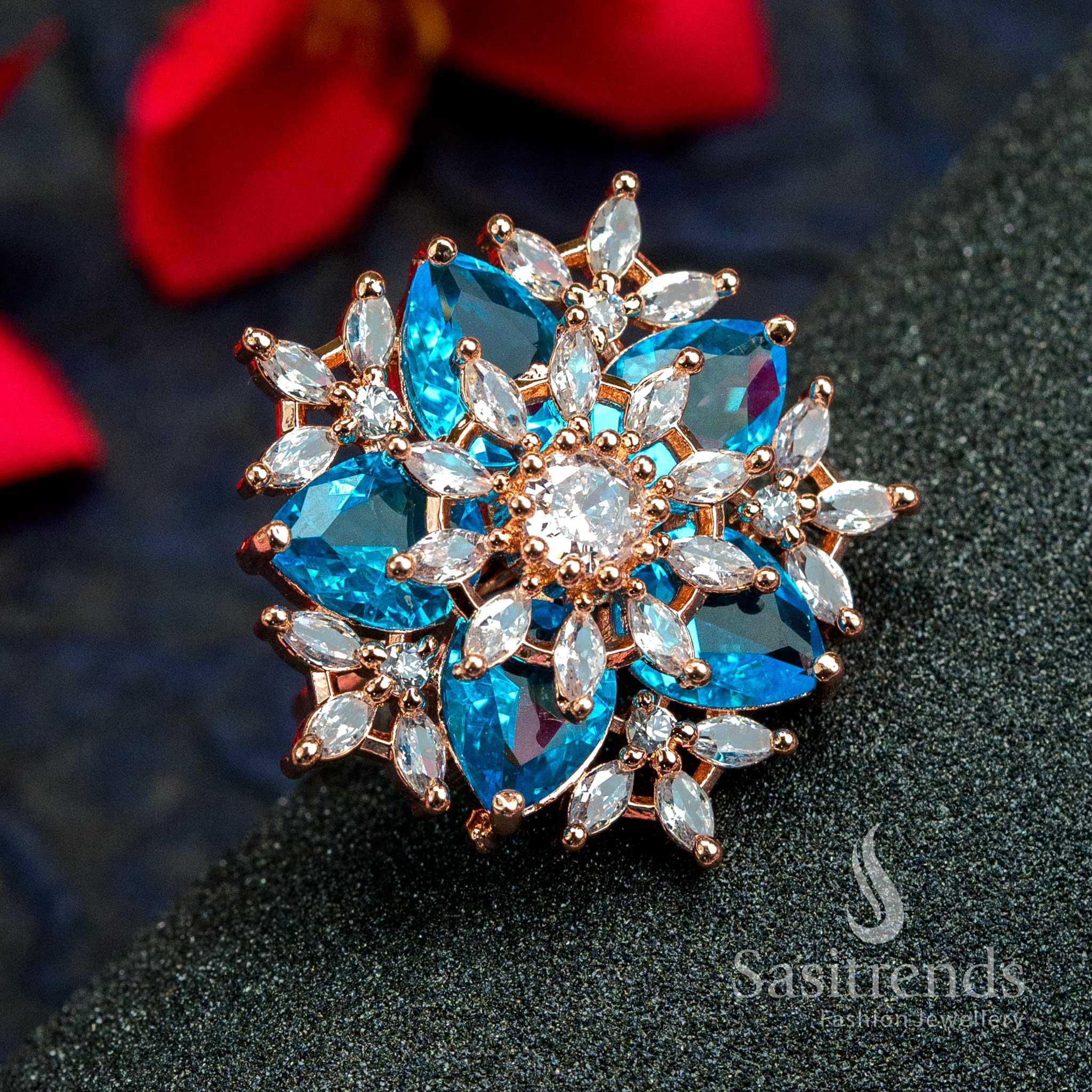Rose Gold Plated Floral Ring with American Diamonds in Captivating Ocean Blue - Trendy Party Wear for Women 