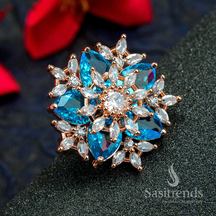 Rose Gold Plated Floral Ring with American Diamonds in Captivating Ocean Blue - Trendy Party Wear for Women 