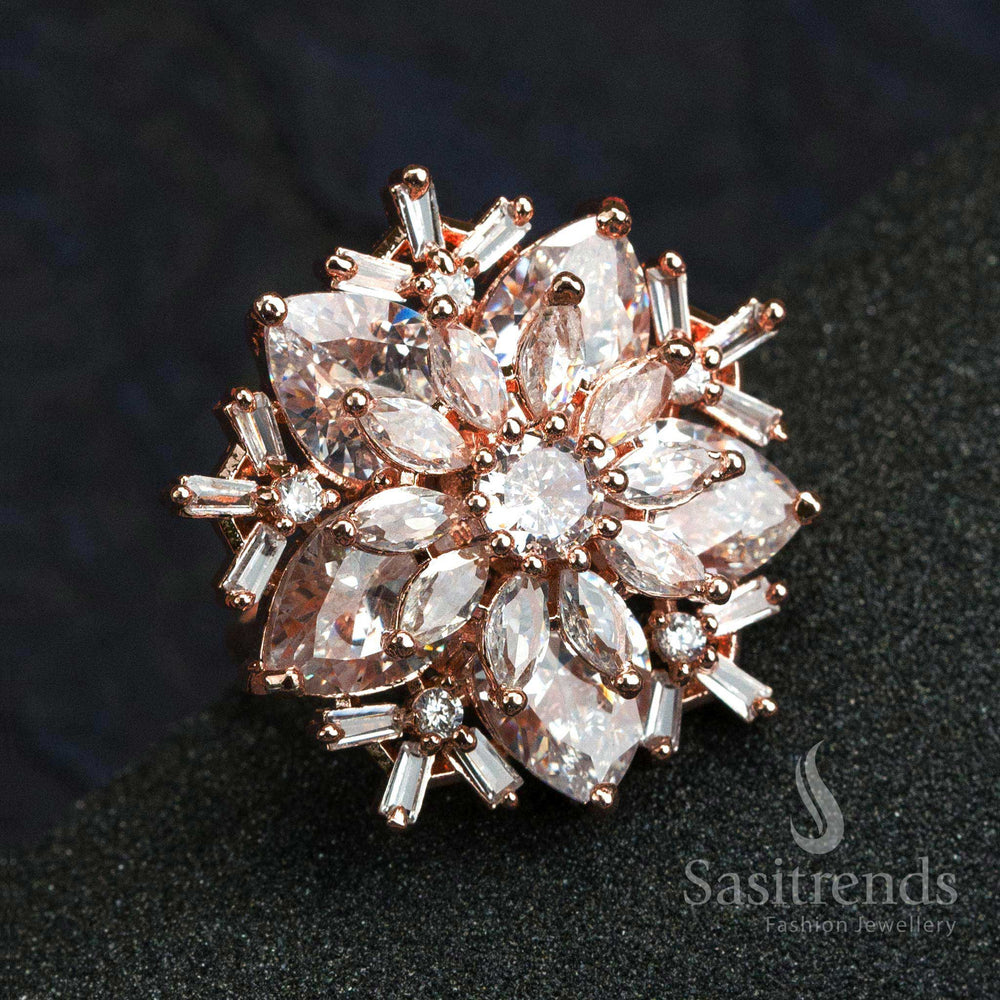 Elegant white AD stone rose gold plated ring with floral petal layout and sparkling side stone accents for festive looks – Sasitrends

