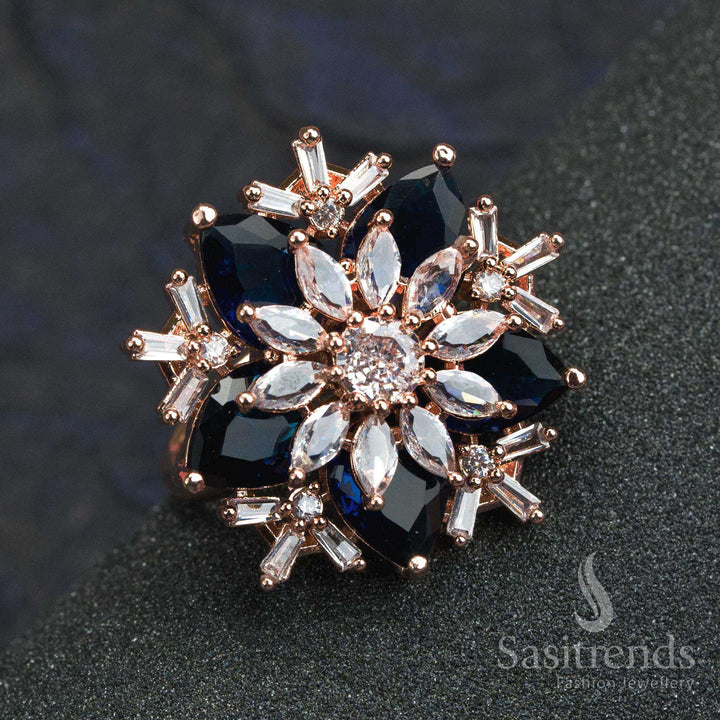 Sparkling blue American diamond rose gold floral ring with delicate blossom carving for modern festive attire – Sasitrends