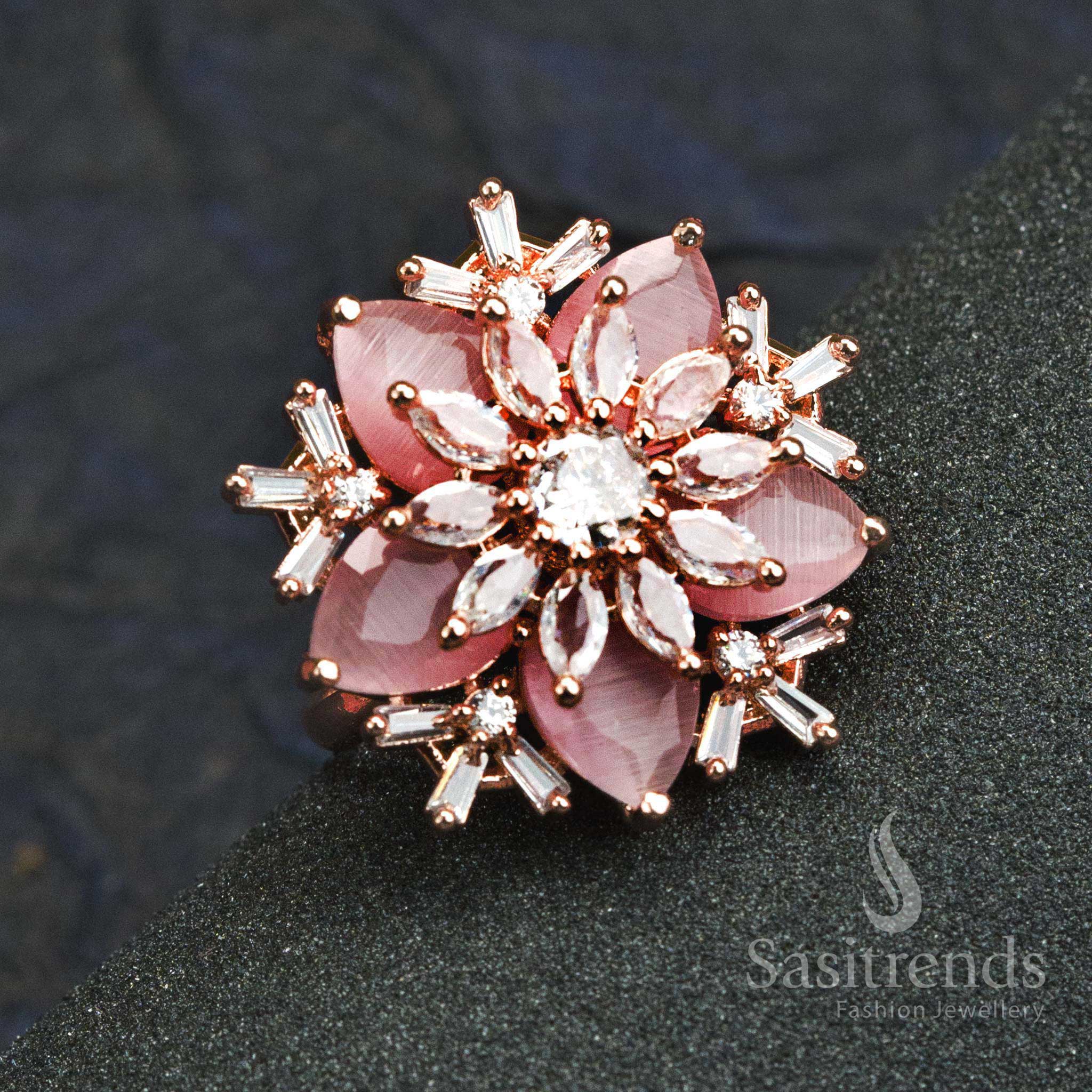 Chic pink floral rose gold ring with American diamond highlights and sleek party wear design – Sasitrends
