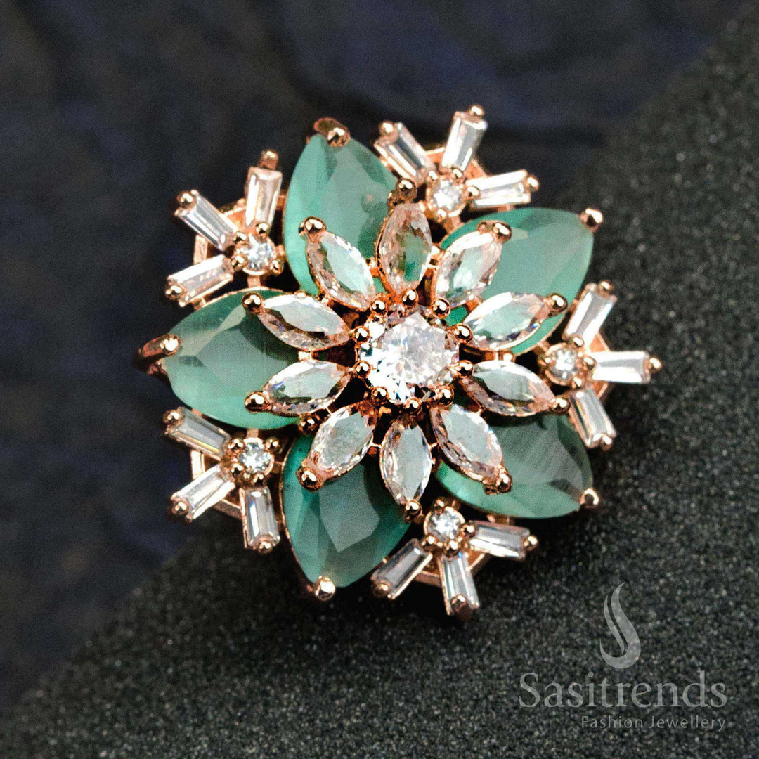 Graceful mint green floral ring in rose gold finish with diamond accents and whimsical botanical design for fashionable women – Sasitrends