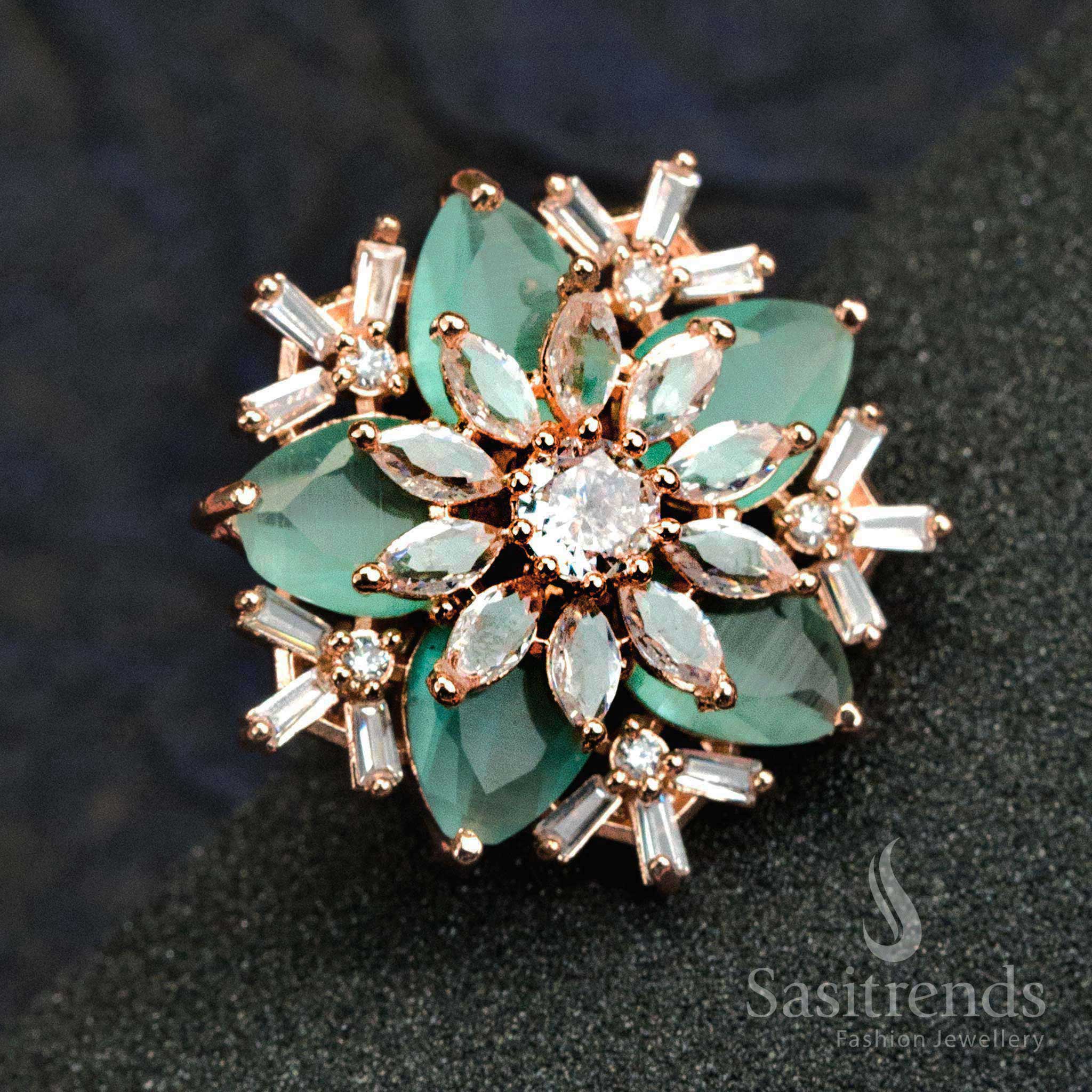 Graceful mint green floral ring in rose gold finish with diamond accents and whimsical botanical design for fashionable women – Sasitrends