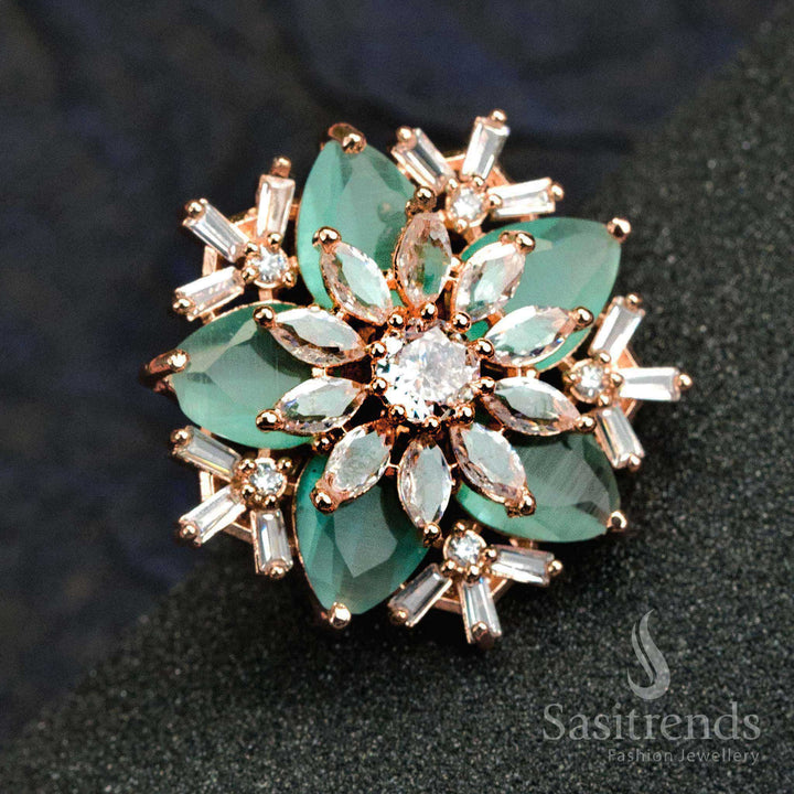 Trendy Party Wear Rose Gold Plated Floral Ring with American Diamond Stones for Women - Online Shopping
