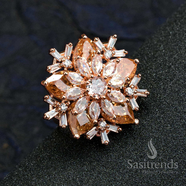 Bright yellow rose gold floral ring with American diamond centre and sunshine motif for celebration wear – Sasitrends