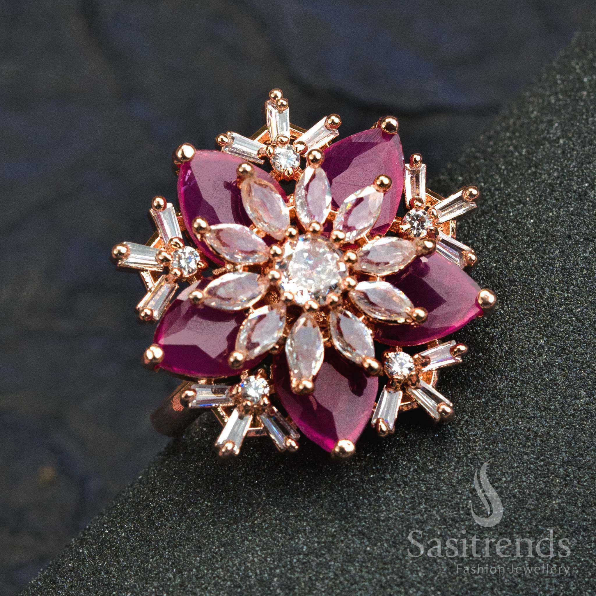 Dazzling ruby coloured rose gold plated ring with glowing petals and AD stone sparkle for wedding and traditional attire – Sasitrends