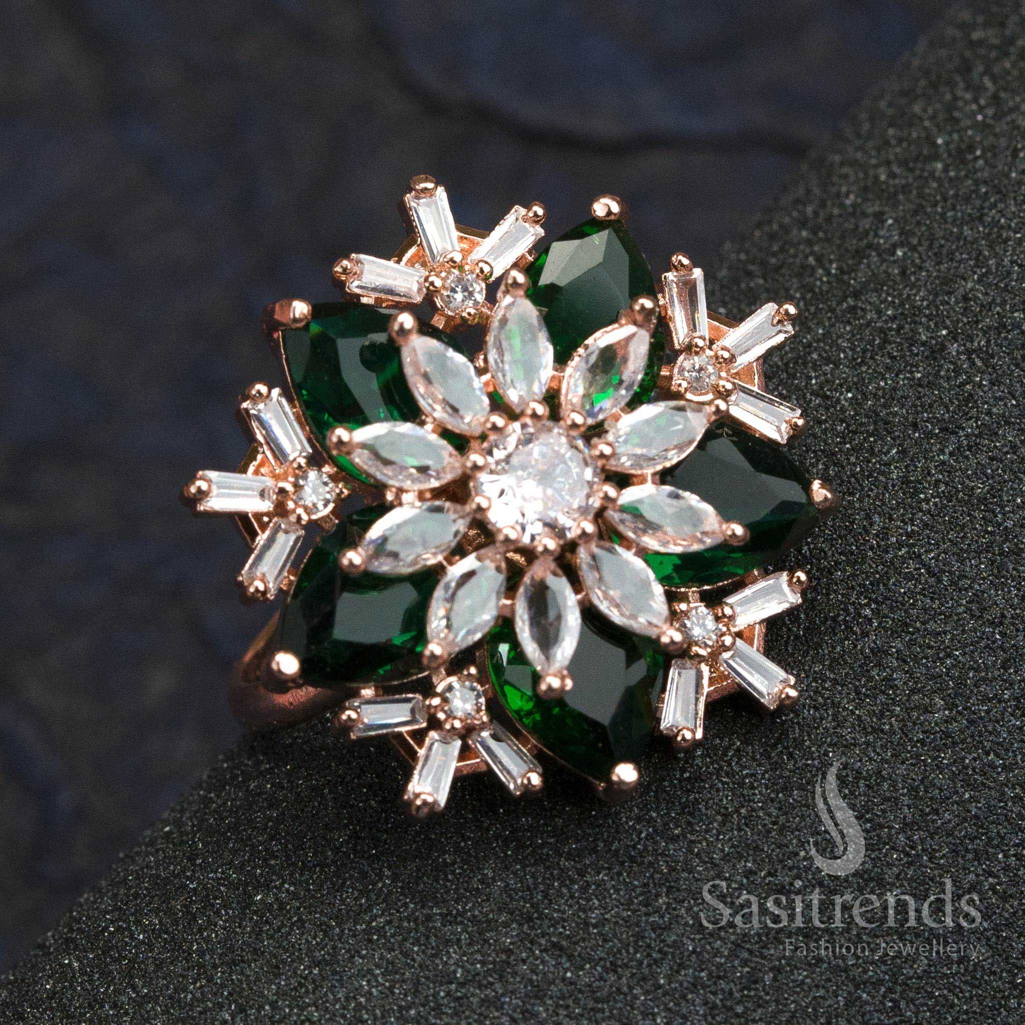 Radiant green AD stone rose gold plated floral ring for women with petal outline and elegant stone cluster centre – Sasitrends