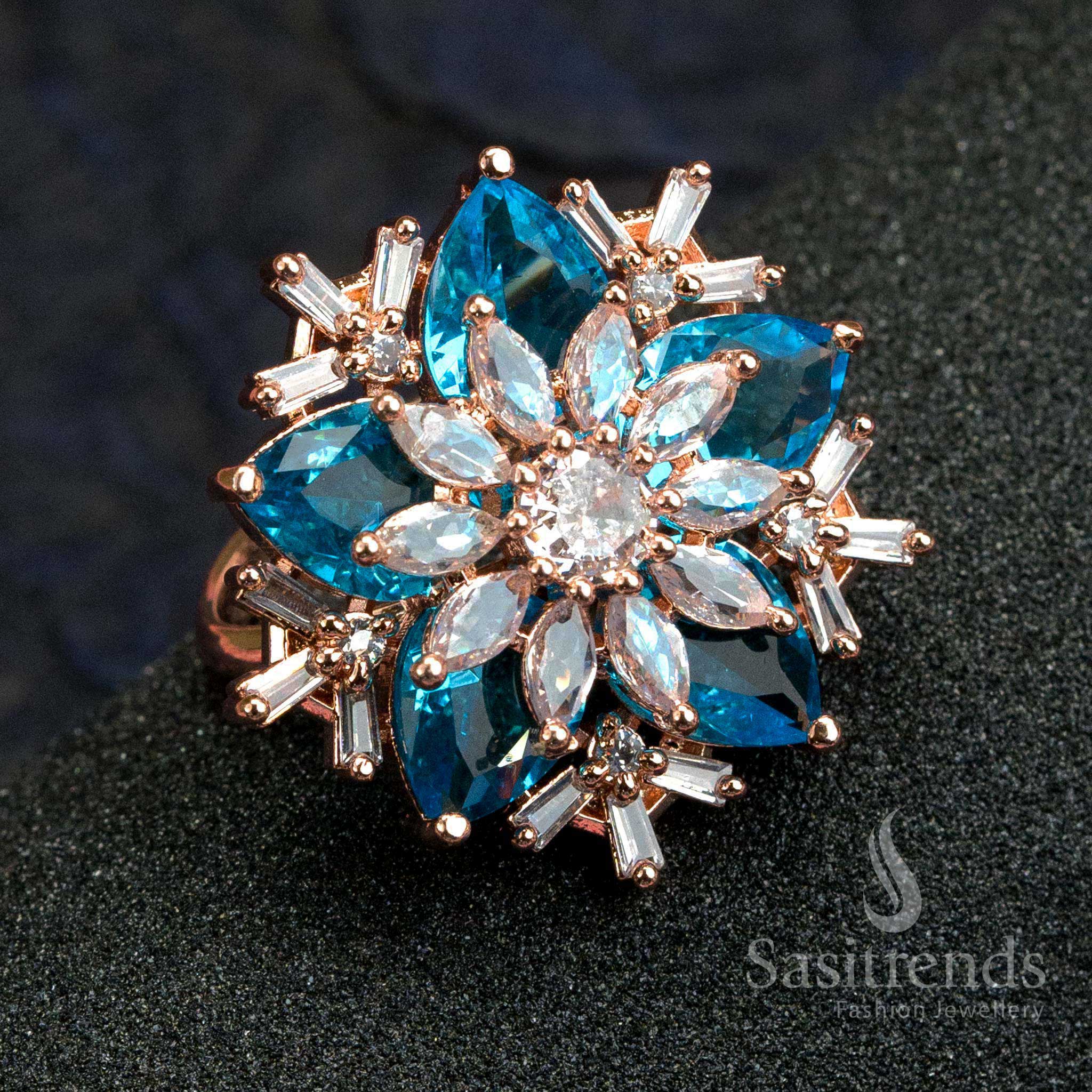 Ocean blue rose gold finished floral ring with rare American diamond stones and pearl tone elegance for party fashion – Sasitrends