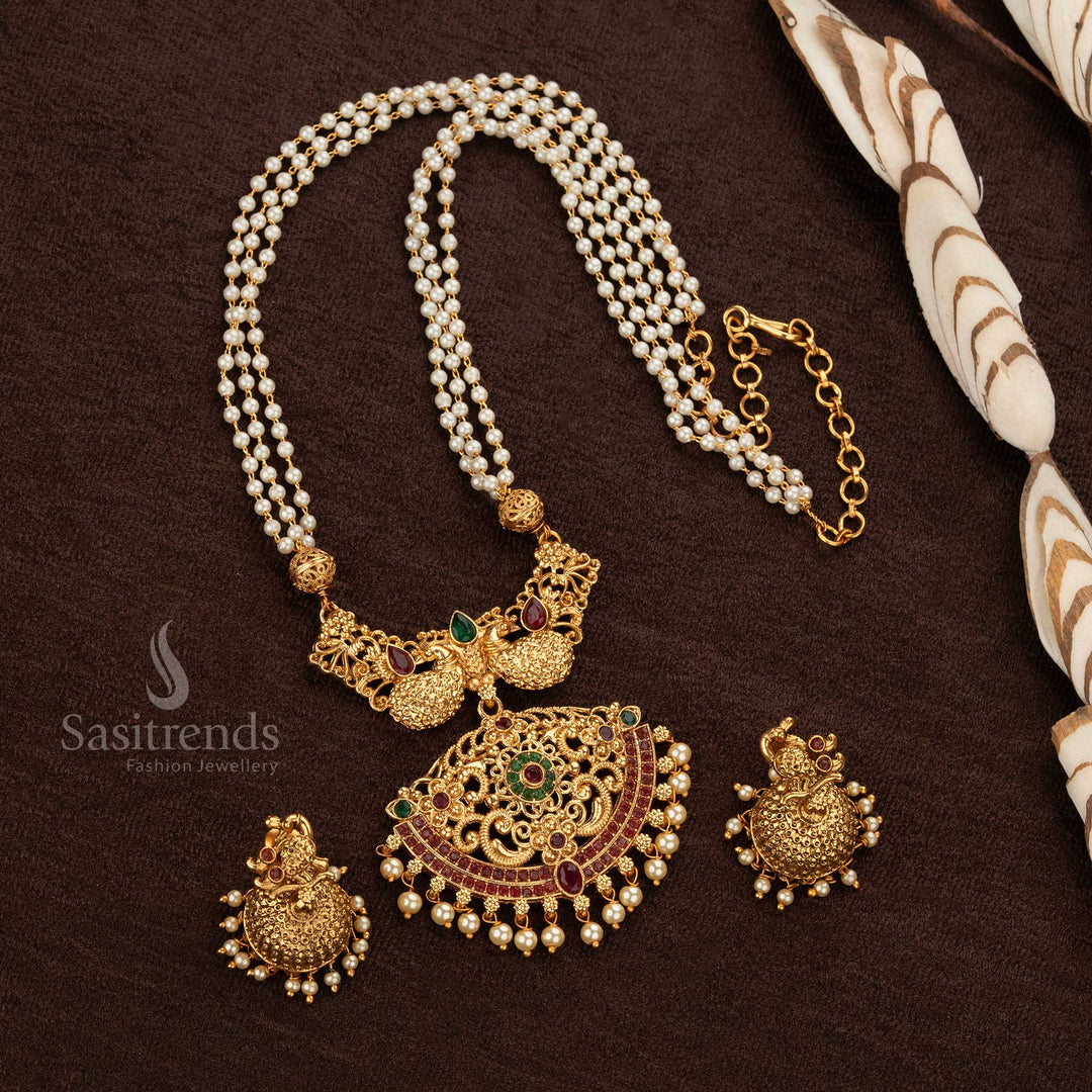 Classic Temple Matte Gold Plated Ruby-Green Necklace Jewellery set with Earrings - Sasitrends