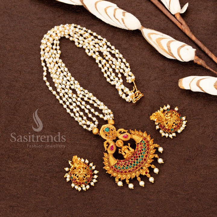 One gram temple jewellery featuring Goddess Lakshmi in pearl beaded long necklace – Sasitrends