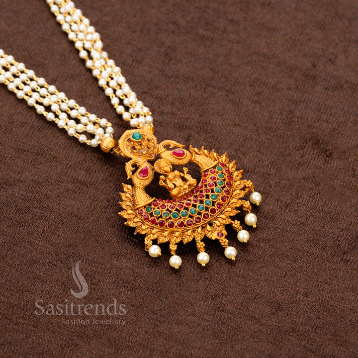 Traditional Lakshmi necklace with floral arch design and pearl beads for saree wear – Sasitrends