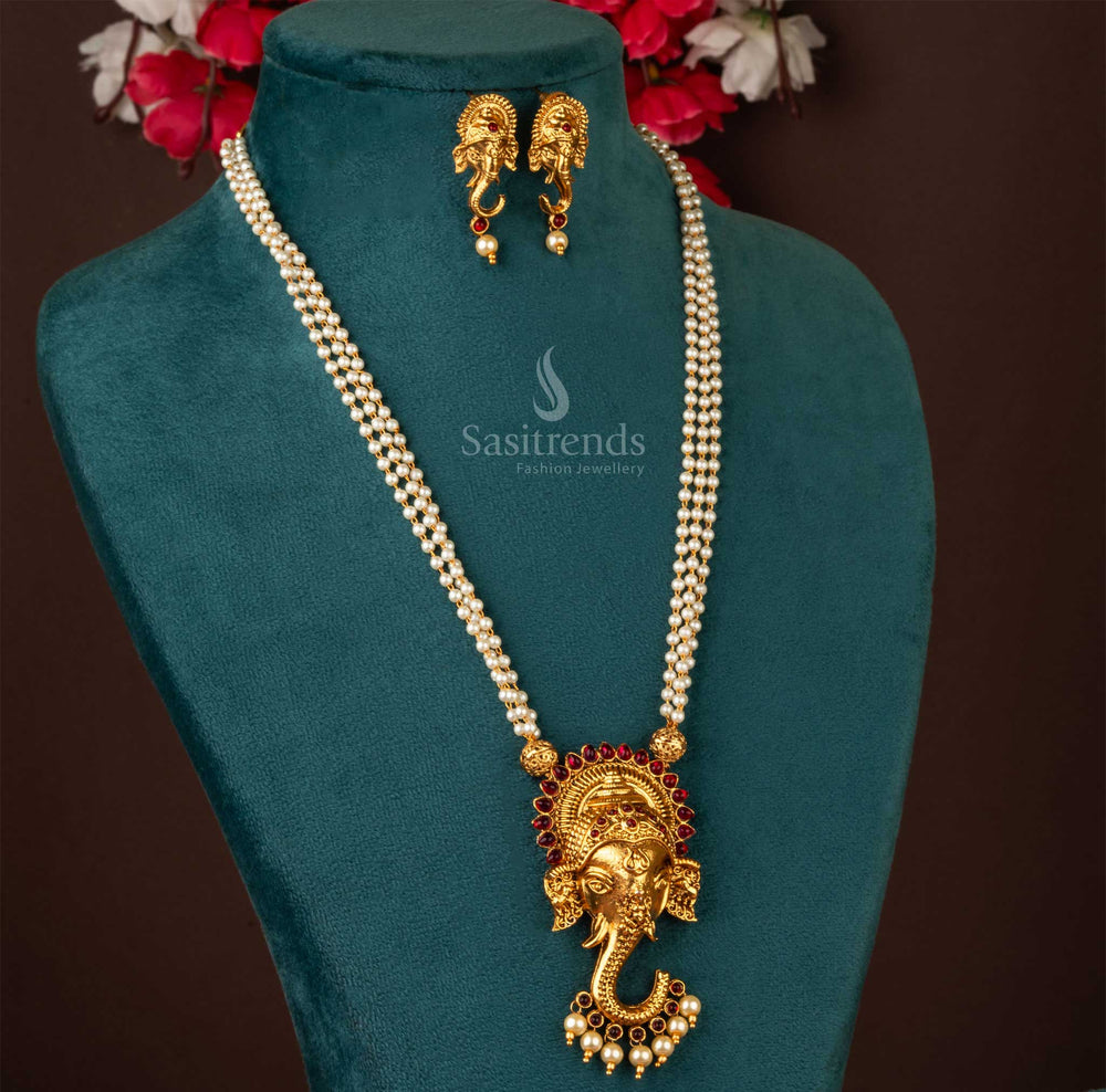 Classic Matte Gold Lord Ganesh Temple Necklace Set – A timeless temple jewellery design enriched with deep ruby stones for a graceful and divine appeal - Sasitrends