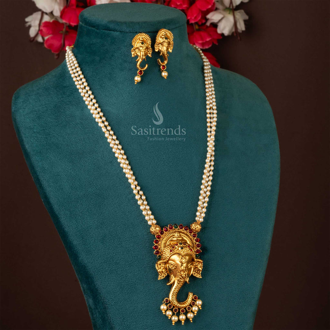 Heritage Matte Gold Plated Temple Necklace – A regal Lord Ganesh-inspired jewellery set featuring captivating ruby-green gemstones for a royal elegance - Sasitrends