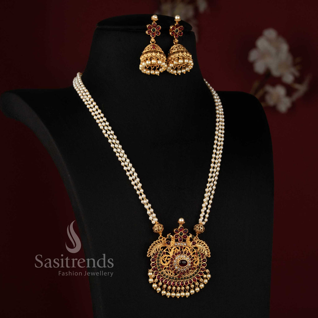  Matte Gold Plated Temple Necklace with Pearl Bead Strands and Decorative Stone-Studded Pendant for Festive Wear - Sasitrends
