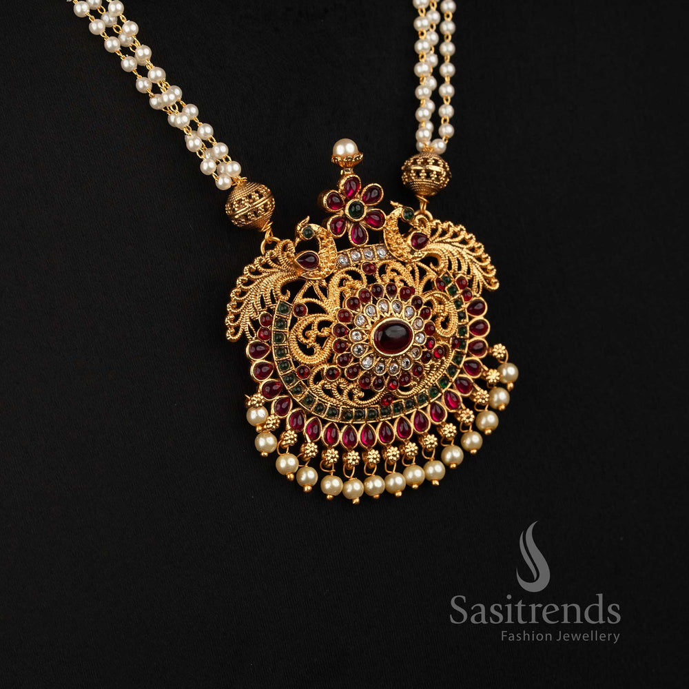  Matte Gold Plated Temple Necklace with Pearl Bead Strands and Decorative Stone-Studded Pendant for Festive Wear - Sasitrends