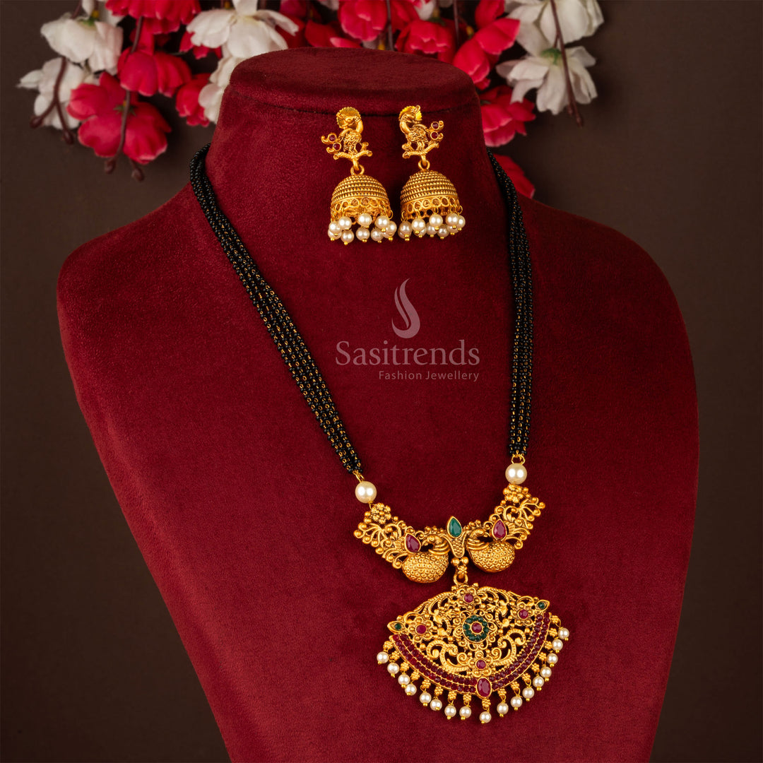 Classic Matte Gold Peacock Necklace Set with Floral Pendant Jewellery Set - Sasitrends