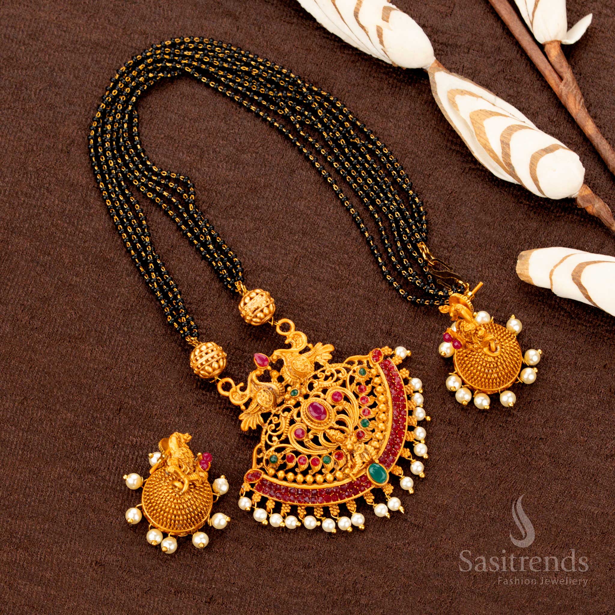 Traditional Bridal Matte Gold Temple Jewellery with Pearl Hangings – Sasitrends