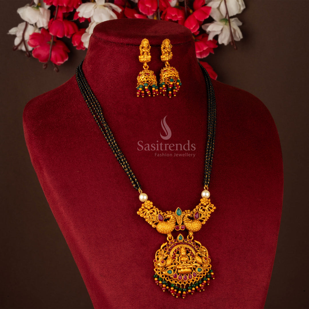 Matte Gold Lakshmi and Peacock Designer Necklace Jewellery Set - Sasitrends