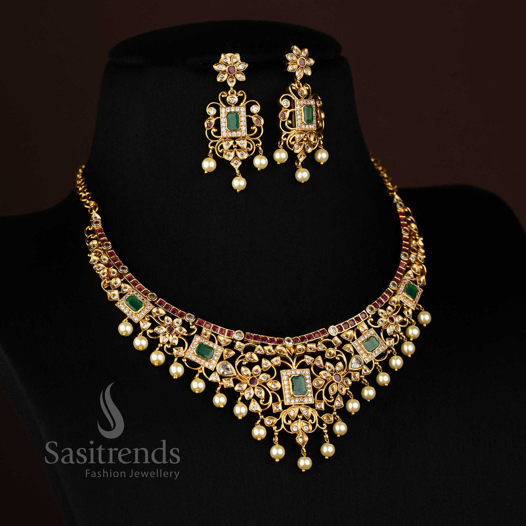 Matte gold Plated Choker Necklace Set Earrings Festive Wear - Sasitrends