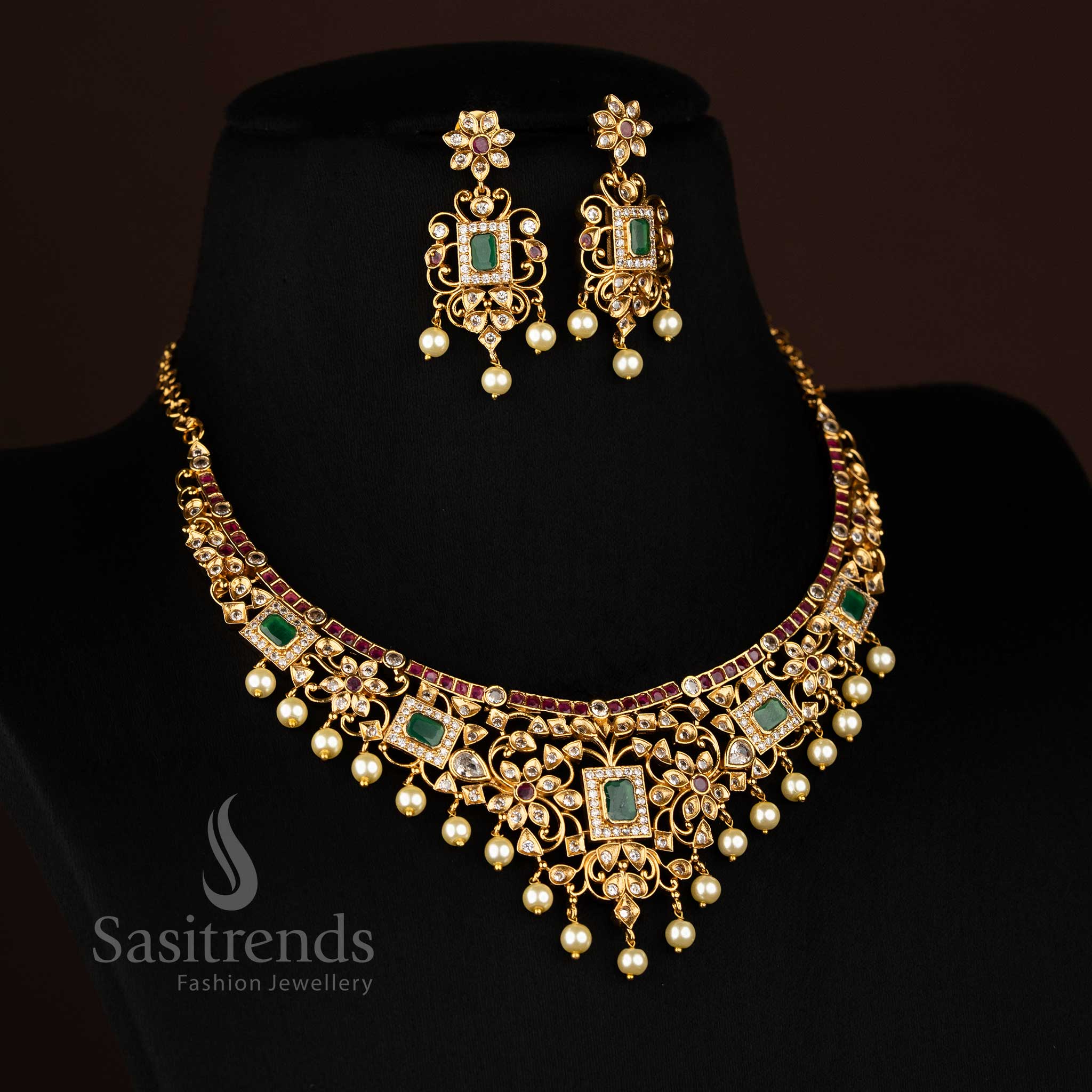 Matte gold Plated Choker Necklace Set Earrings Festive Wear - Sasitrends