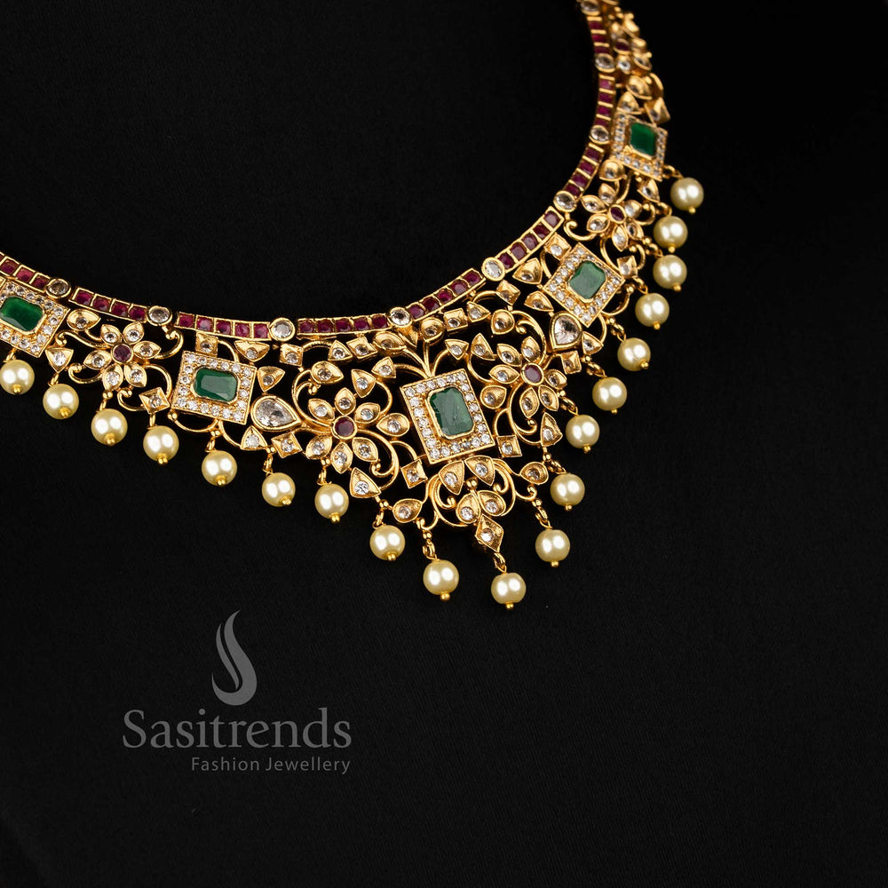 Trendy Matte gold Plated Choker Necklace Set Earrings Festive Wear - Sasitrends