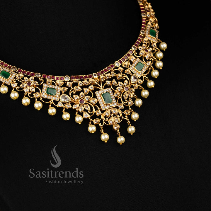 Trendy Matte gold Plated Choker Necklace Set Earrings Festive Wear - Sasitrends