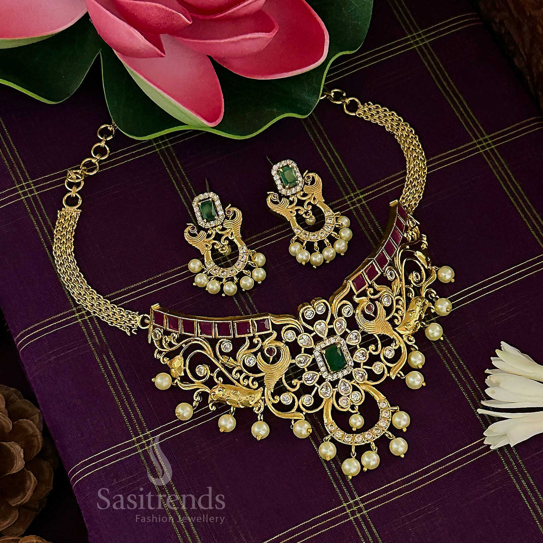 Temple Gold Finish Peacock Choker Necklace Set with Pearls & American Diamond Stones - Sasitrends