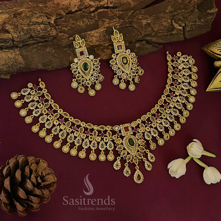 Latest Bridal Wear Temple Matte Gold Tone Floral Choker Jewellery Set with AD Stones for Women | Sasitrends
