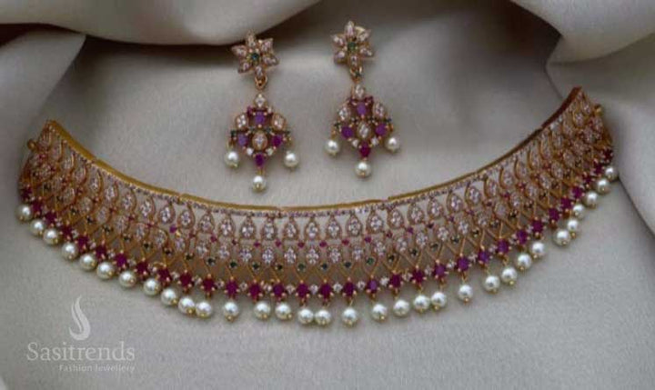 New Collection: Bridal Temple Matte Gold Tone AD Floral Choker Jewellery Set | Sasitrends