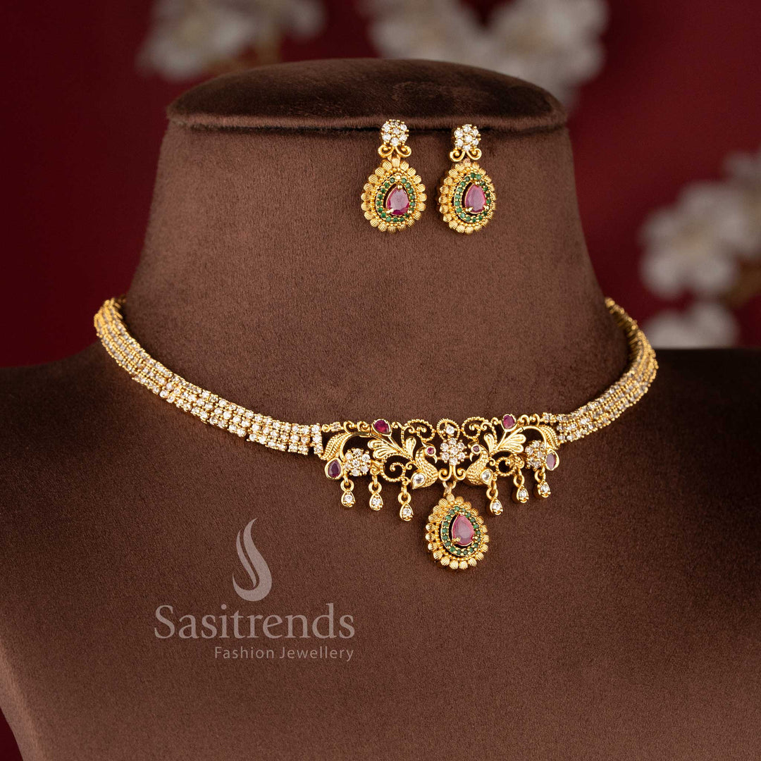 Elegant Temple Jewellery Set featuring a peacock floral AD stone panel and a triple-row pearl choker band - Sasitrends