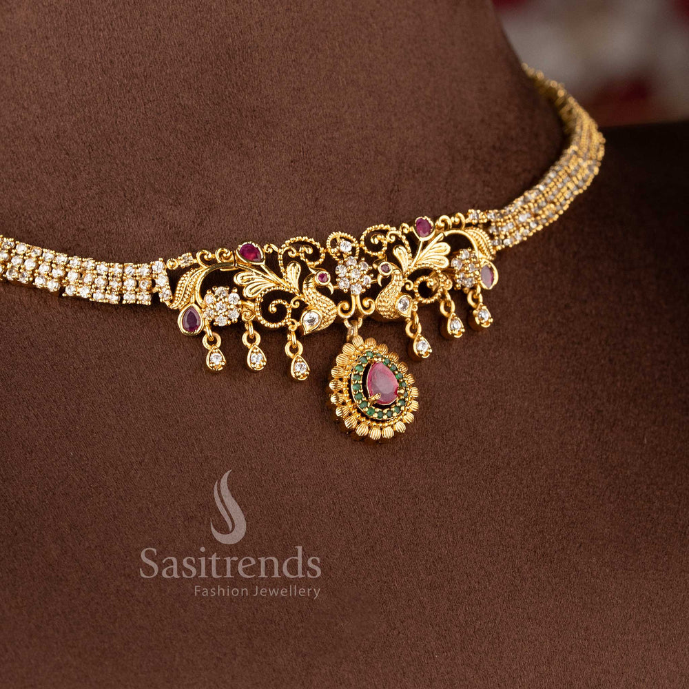 Elegant Temple Jewellery Set featuring a peacock floral AD stone panel and a triple-row pearl choker band - Sasitrends