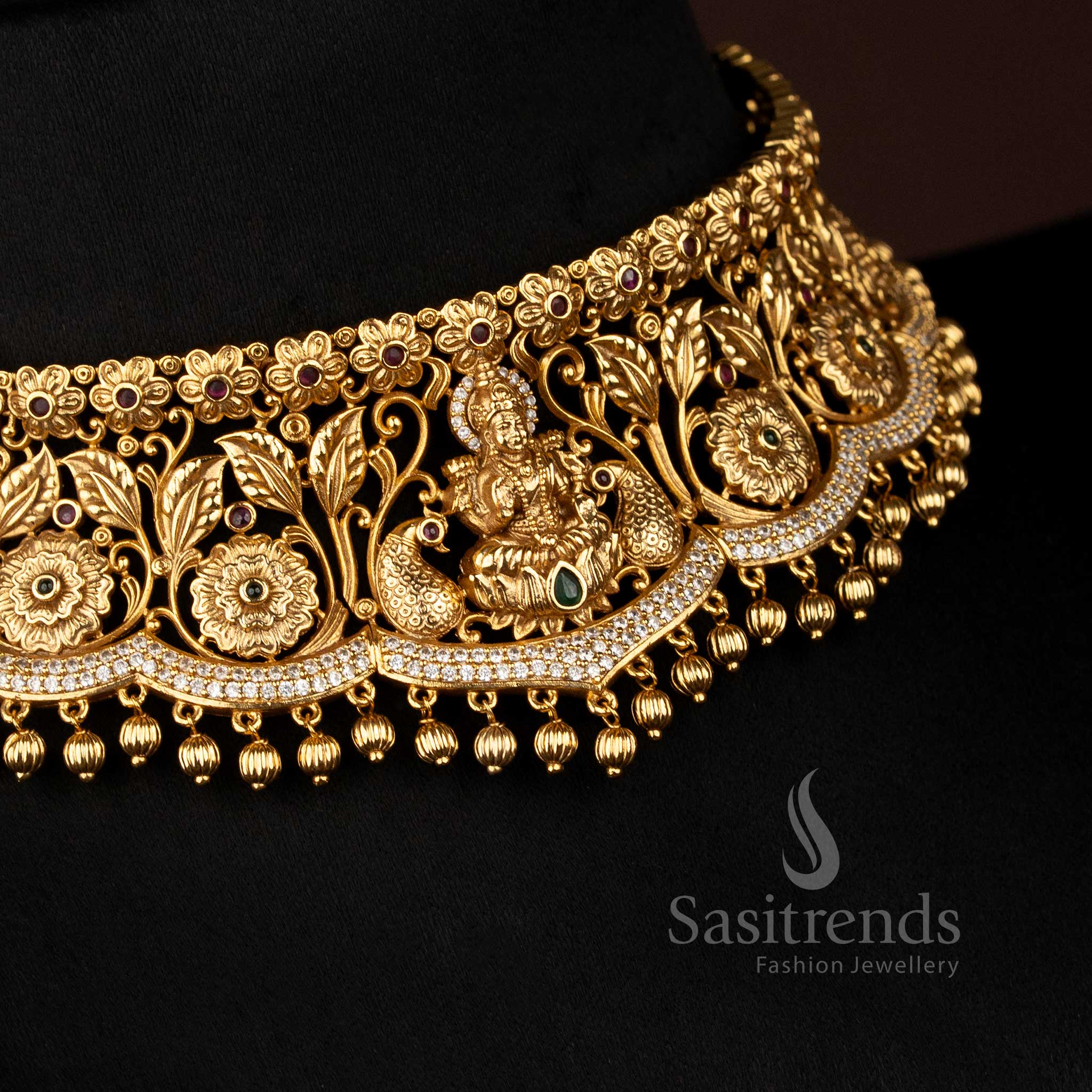 Elegant Premium Temple Matte Gold Plated Peacock Necklace Set for Festive Occasions by Sasitrends
