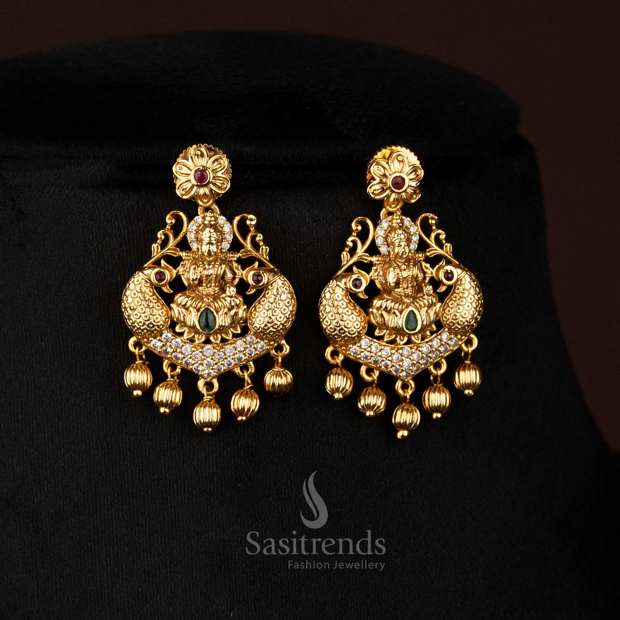 High-Quality Temple Matte Gold Plated Lakshmi Pendant Necklace with Earrings by Sasitrends