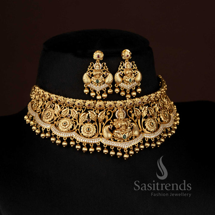 High-Quality Temple Matte Gold Plated Lakshmi Pendant Necklace with Earrings by Sasitrends