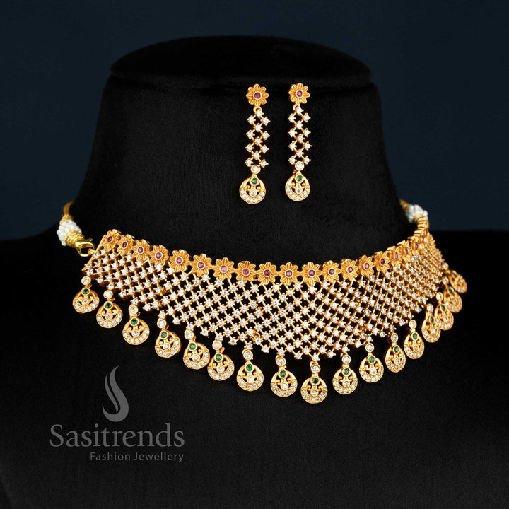 American Diamond Matte Gold Temple Choker Set with Floral & Drop Motifs - Sasitrends