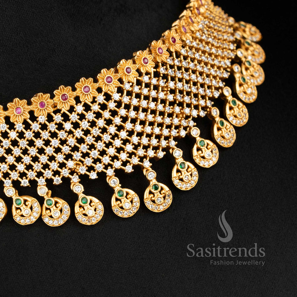 American Diamond Floral Choker Necklace Set - Sasitrends