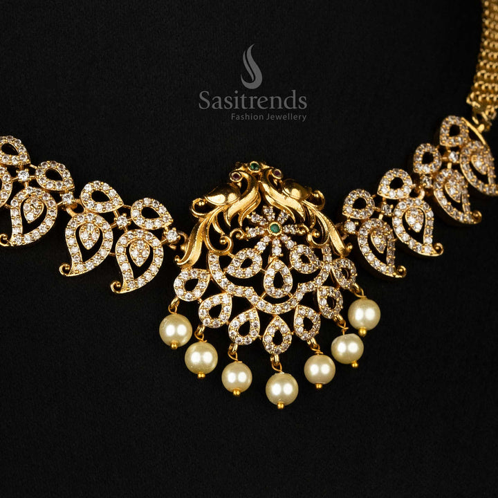 Close-up of a peacock motif choker set with AD stones and matte gold finish for bridal use - Sasitrends