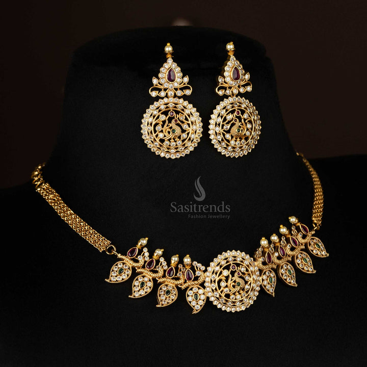 Peacock Choker Necklace Set with AD Stones Temple Gold Tone Bridal Jewellery - Sasitrends