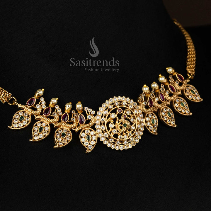Bridal wear peacock choker set in a temple-inspired matte gold finish with sparkling American Diamonds - Sasitrends