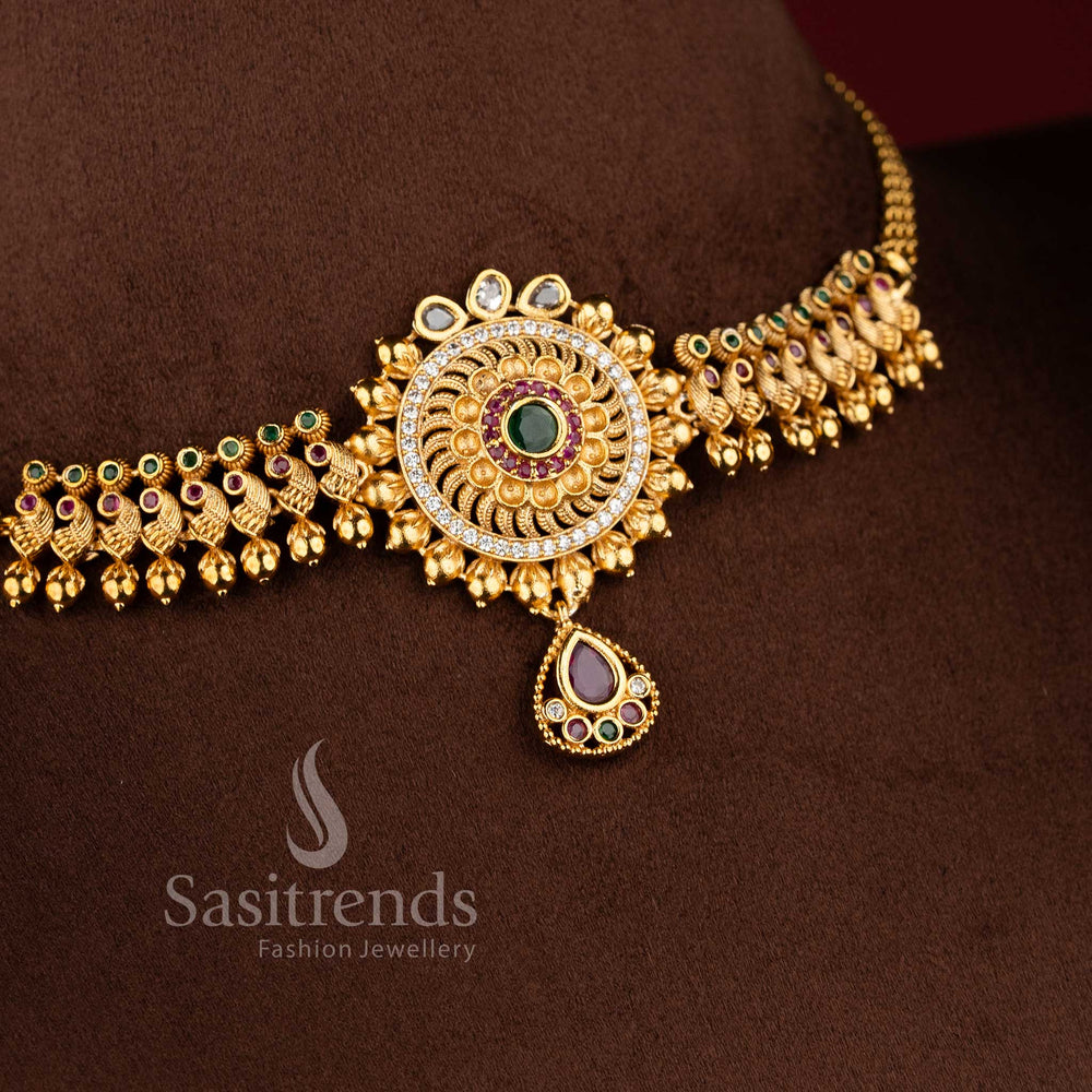 Traditional bridal temple matte gold finish floral peacock choker necklace set with jhumkas and AD stones by Sasitrends.